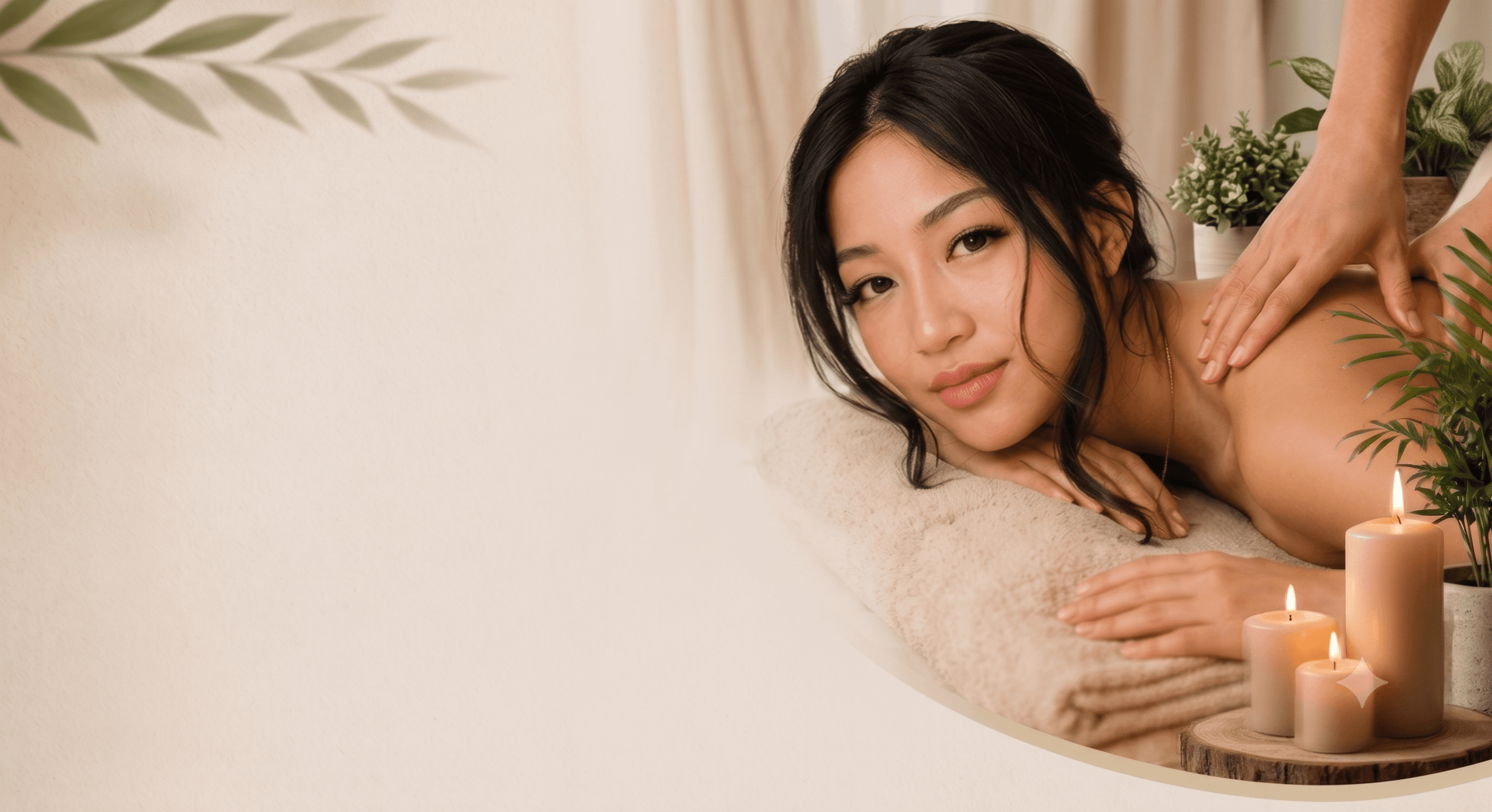 Relaxing spa experience with candles and plants
